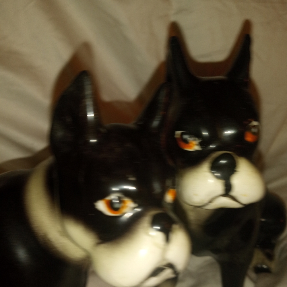 Pair of black and white boxer dog statues. Vintage 1927 made in Japan